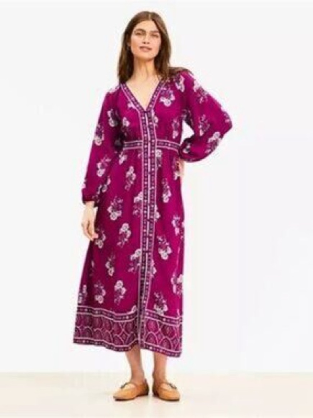 LOFT petite Boho Floral V-Neck Midi Dress in Deep Magenta